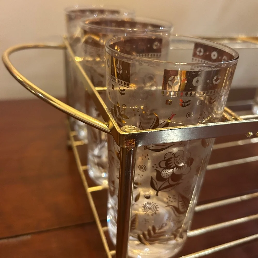 Vintage Georges Briard 6 Glass Drinkware Bar Set Caddy Bucket Top